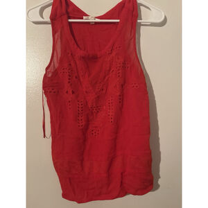 Skies Are Blue Red Embroidered Eyelet Tank Top Mesh Detail Boho Women's Large